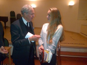 Cecile Janssen, Catholic Young Writer of the Year 2013, with Anthony Tyler of Fisher Press, former Master of the Guild of Catholic Writers