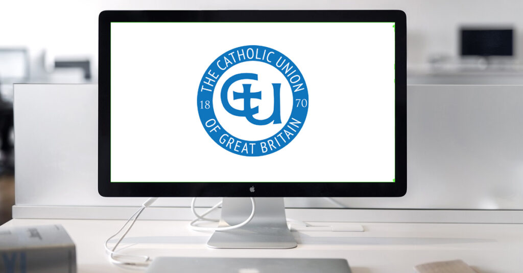 Webinar (laptop displaying Catholic Union logo)